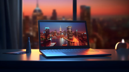 Laptop with cityscape on screen at night. 3d renderingの素材
