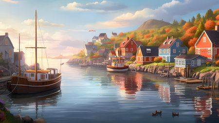 Fantasy landscape with houses and boats on the river. 3d illustrationの素材