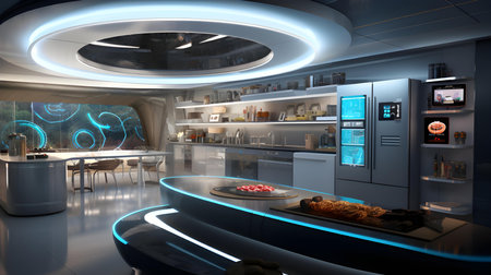 3D rendering of a modern kitchen interior in a night time.の素材