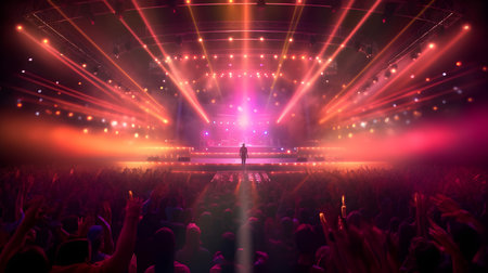 Concert crowd in front of a bright stage with lights and smokeの素材