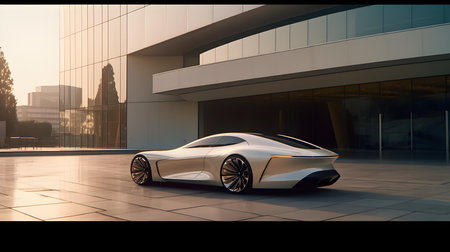 3D rendering of a brand-less generic concept car in the cityの素材