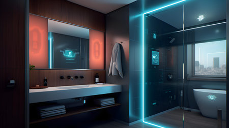 3d render of modern bathroom interior design with black bathtub and showerの素材