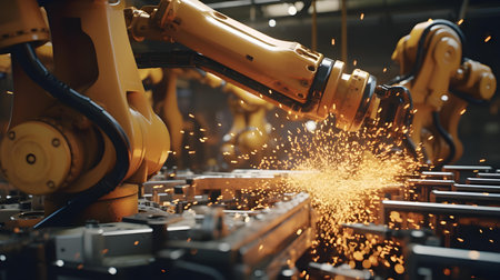 Industrial robot arm with sparks flying in the air. Automotive industryの素材