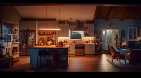 Interior of a modern kitchen at night. 3D rendering.の素材