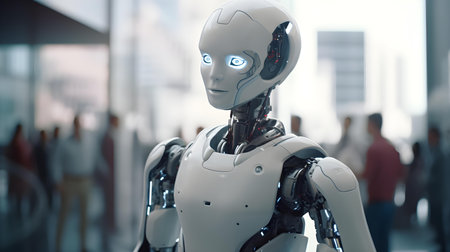 3d rendering humanoid robot working in a modern office with people in the backgroundの素材