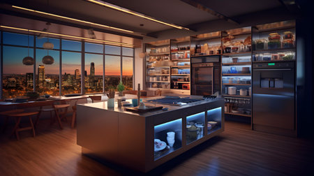 3d rendering of modern kitchen and dining room with night city viewの素材