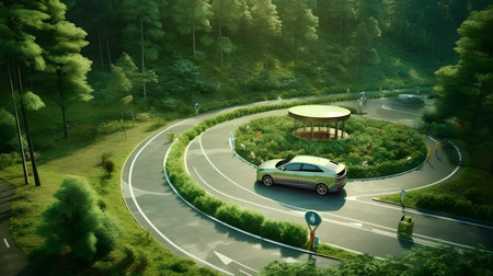 Car on the road in the green forest. 3d rendering.の素材