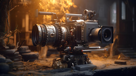 Video game video camera on the background of the old building. 3d rendering.の素材