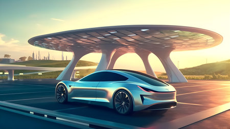 3D rendering of a brand-less generic concept car in a futuristic environmentの素材