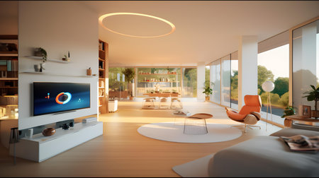 3d rendering interior of a living room with tv on the wallの素材