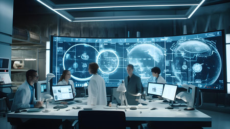 technology, communication and people concept - group of medics or doctors with computers working in officeの素材