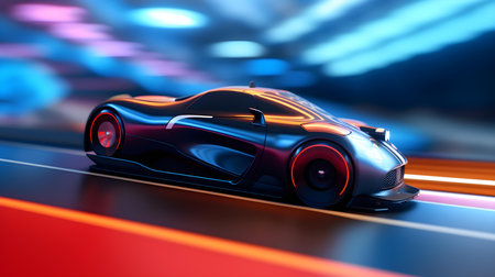 3D rendering of a sports concept car on the road with lightsの素材