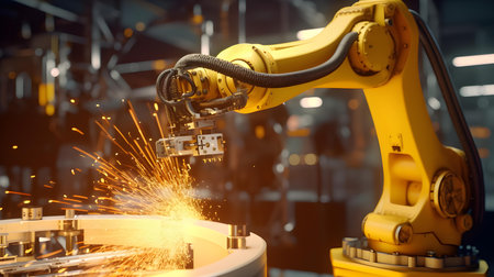 Industrial robot arm with sparks flying in the air. Automotive industryの素材
