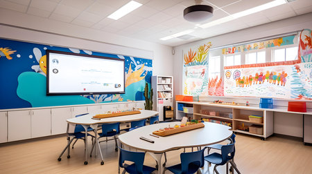 Interior of a children's room with a whiteboard and a tableの素材