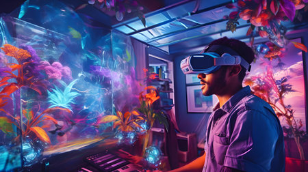 Young man playing virtual reality game in the room with colorful plants.の素材