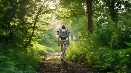 Rear view of a female robot walking on a path in the forestの素材