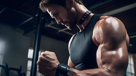 Handsome young muscular Caucasian man working out in a gym gaining weight pumping up muscles and poses fitness and bodybuilding conceptの素材