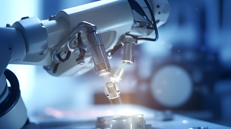 Robot working in a laboratory. 3d rendering toned imageの素材
