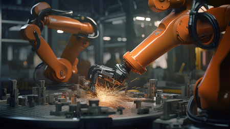Industrial robot arm working on assembly line. Smart industry 4.0 conceptの素材