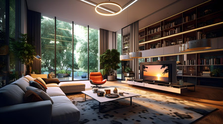 Interior of a modern living room with fireplace. 3d renderingの素材