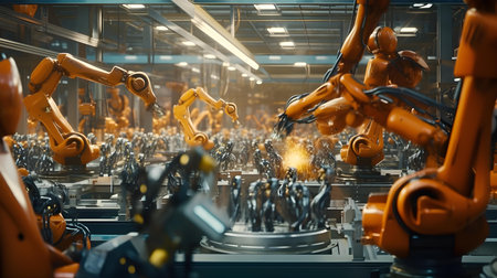 Industrial robot assembly line in factory. 3d rendering and illustration.の素材