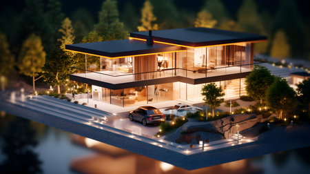 3d rendering of modern cozy house on the hill with garage and pool.の素材