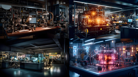 3d rendering of a scientific laboratory with equipment and science experiments.の素材