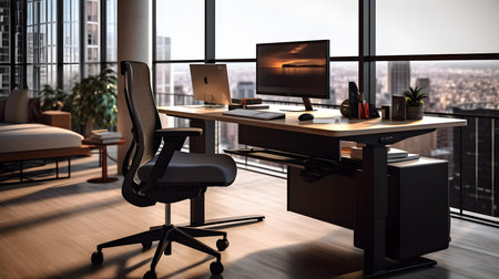 3d render of modern office interior. Workplace with computers.の素材