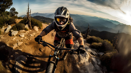 Mountain bike rider in helmet and glasses riding on rugged trails on sunny dayの素材
