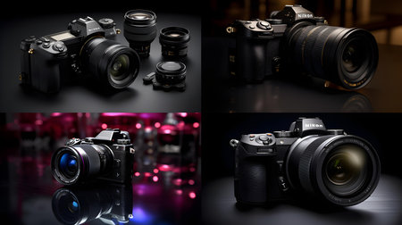 Collage of digital photo cameras on black background. Selective focus.の素材