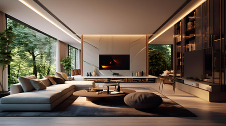 3d rendering of a modern living room interior design with fireplace.の素材