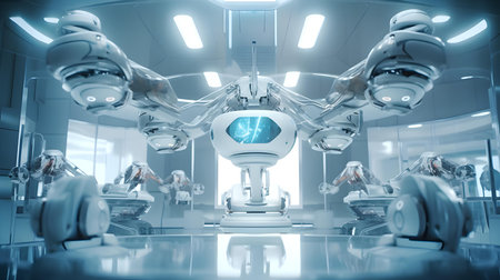 3D rendering of a robot team working together in a modern laboratoryの素材