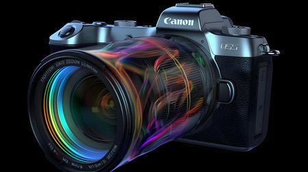 Digital SLR camera isolated on black background. 3D illustration.の素材