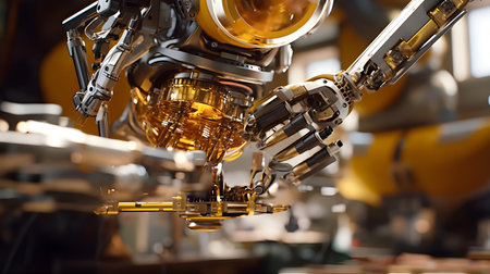 Robotic arm working in a factory. This is a 3d render illustrationの素材