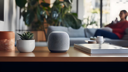 Modern speaker and coffee cup on wooden table in living room at homeの素材