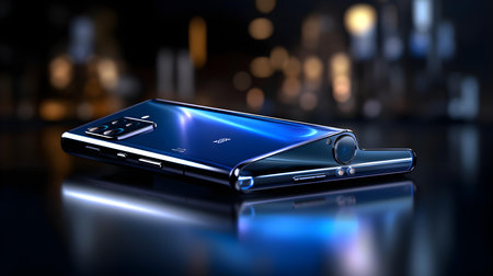 Smartphone with blue screen on a dark background. 3d renderingの素材