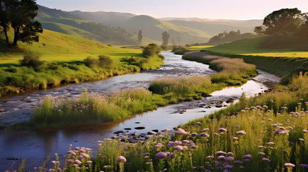 Sunrise over the meadow with purple wildflowers and river