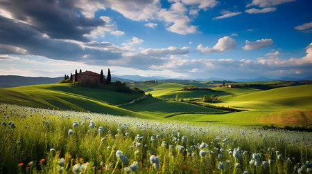 Beautiful Tuscany landscape with cypresses, fields and churchの素材