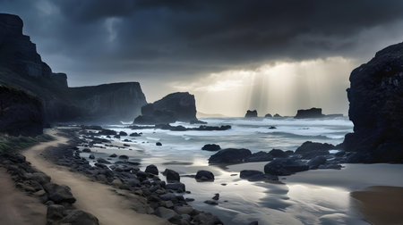 Dramatic seascape with sun rays passing through the cloudsの素材