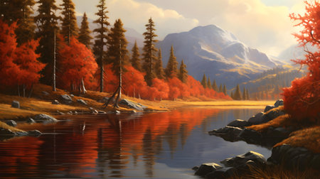 Mountain lake in the autumn forest. 3d render illustration.の素材