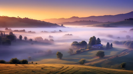 Foggy morning in Tuscany, Italy. Rural landscapeの素材