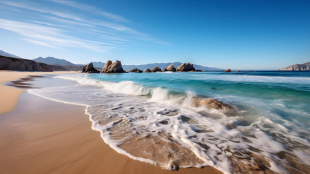 Long exposure of a beautiful beach with rocks and turquoise waterの素材