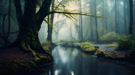 Foggy forest with a small river in the foreground. Beautiful natureの素材