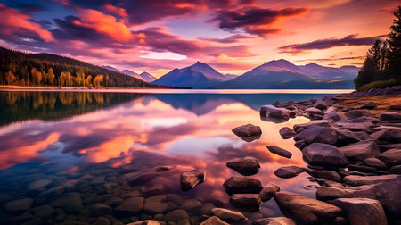 Majestic sunset over lake in Glacier National Park, Montana.の素材