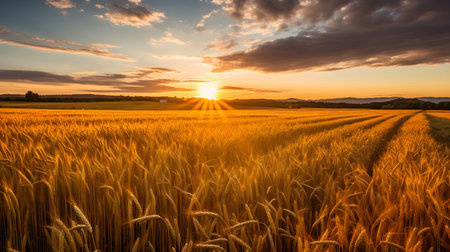 Sunset over the field with ears of golden wheat. Countryside.の素材