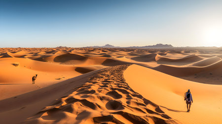 Hiker in the Sahara desert, Merzouga, Moroccoの素材