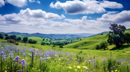 Green hills and blue sky with white clouds. Panoramic view.の素材