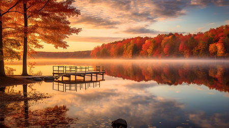 Foggy morning on the lake with wooden pier in autumn forestの素材
