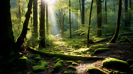 Morning in the green forest with sunbeams and rays of lightの素材