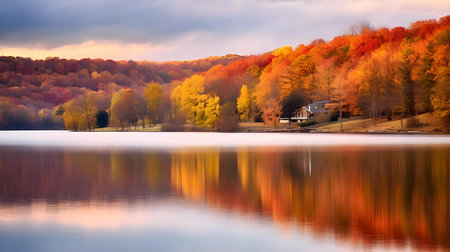 Autumn landscape with lake and colorful forest. Beautiful autumn landscape with lake and forest.の素材